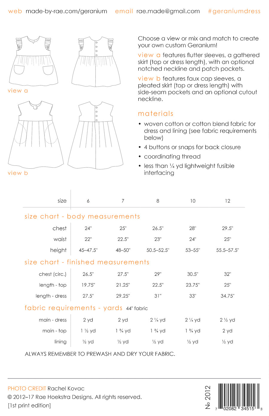 Geranium Girls Dress Small (0 from 5yrs) Pattern from Made By Rae (Intermediate)