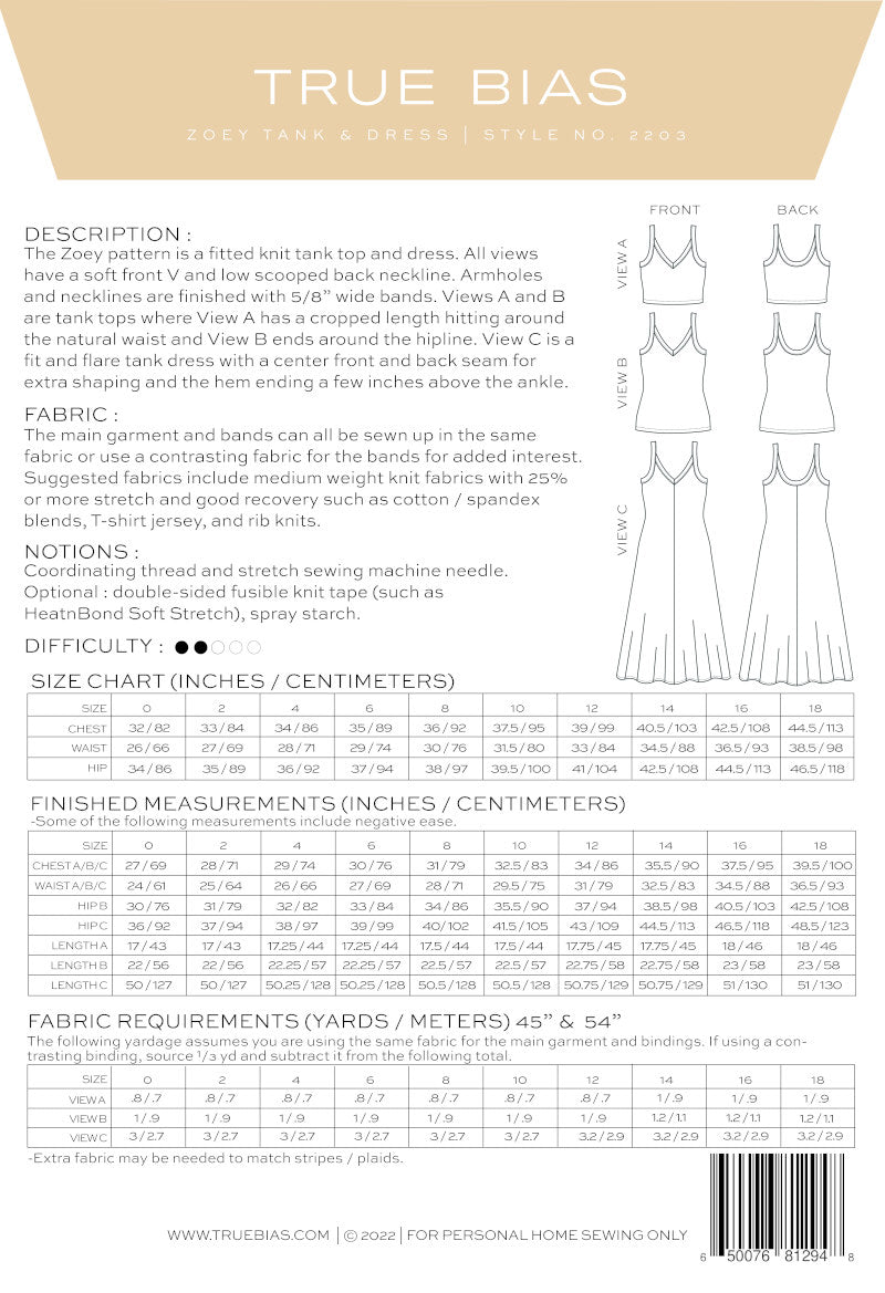 Zoey Tank & Dress Pattern Size 0-18 by True Bias (Confident Beginner)